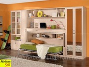 Стенка в спальню или гостинную с стол-кроватью,  фасады с зеркалами